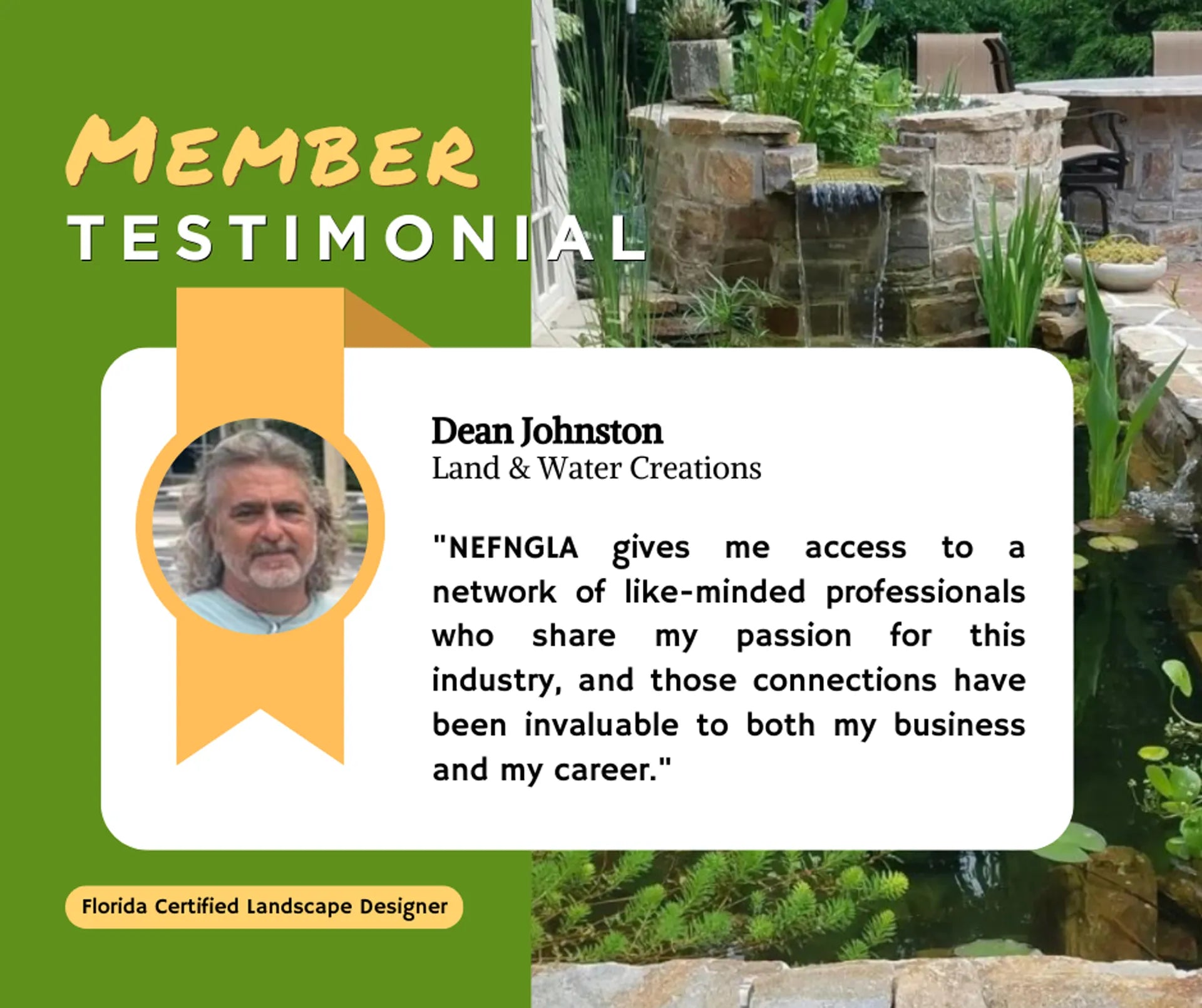 Testimonial graphic for Dean Johnston from Land & Water Creations with a scenic background.