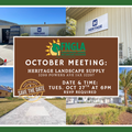 Promotional flyer for an October meeting of FNGLA at Heritage Landscape Supply. The flyer features a central brown box with green and gold logo and text, surrounded by a four-image collage of the company's building exterior, a paved driveway, and landscaping work in progress.